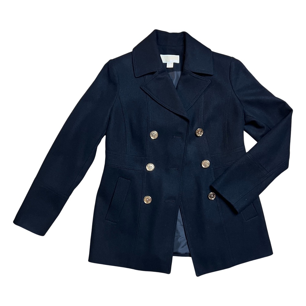 Michael Kors Black Double Breasted Wool Blend Pea Coat Gold Buttons Sz Medium - Picture 1 of 12
